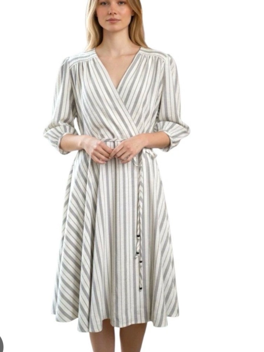 Calvin Klein Size 4 Striped Faux Wrap Midi Dress, searsucker stripes pouf/bishop